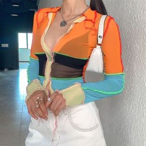 Mesh patchwork orange and blue top - size Small/ medium (stretchy) - NWT